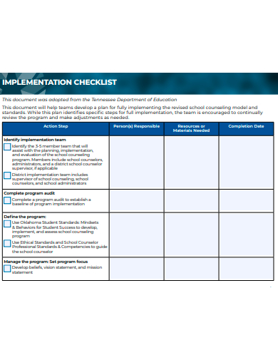 standard implementation checklist template