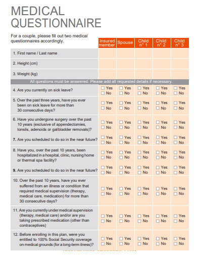standard medical questionnaire template