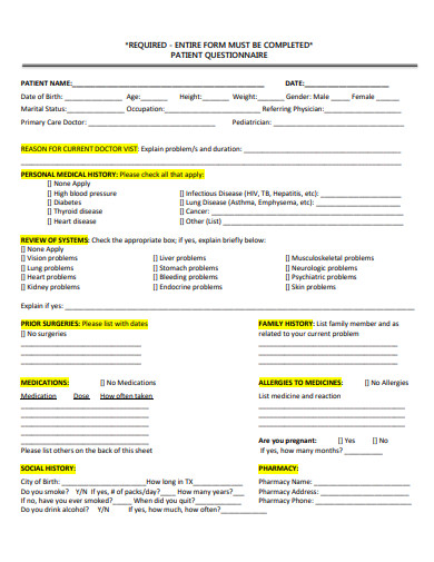 standard patient questionnaire template