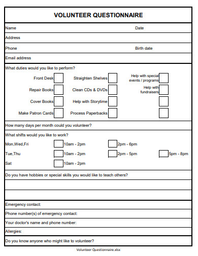 standard volunteer questionnaire template