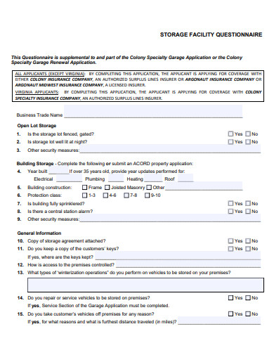 storage facility questionnaire template