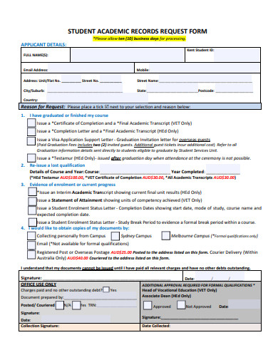 student academic records request form template