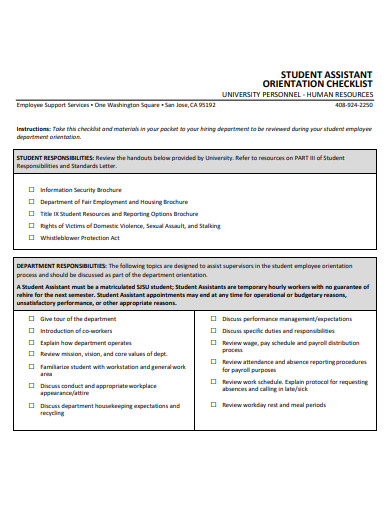 student assistant orientation checklist template