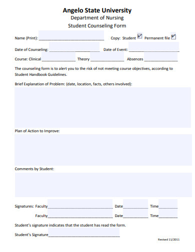 student counseling form template