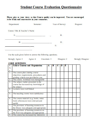 student course evaluation questionnaire template