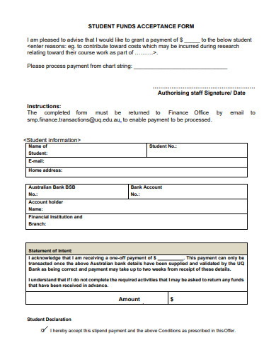 student funds acceptance form template