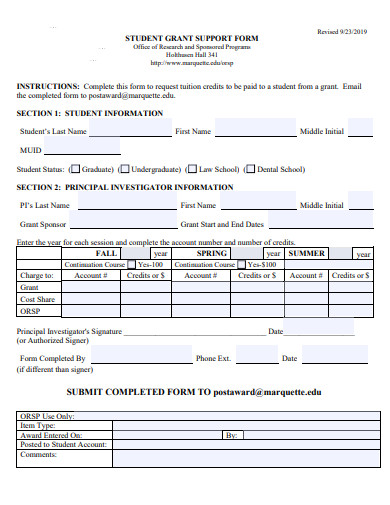 student grant support form template