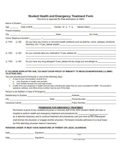student health and emergency treatment form template