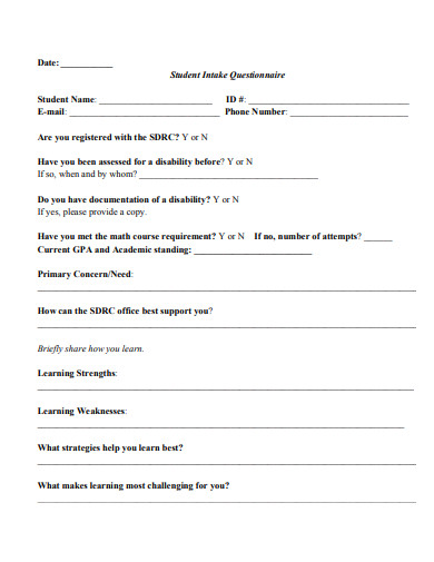 student intake questionnaire template