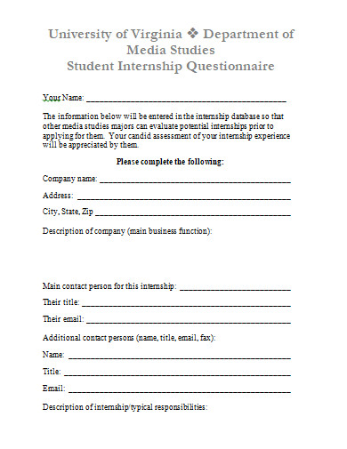 student internship questionnaire template