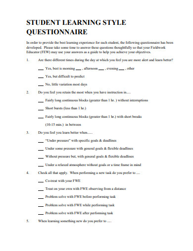 student learning questionnaire template
