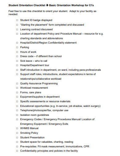 student orientation checklist template