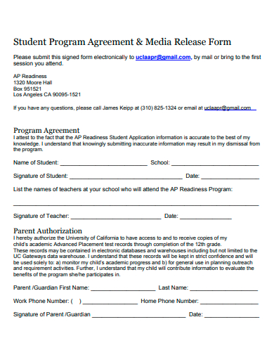 student program agreement and media release form template