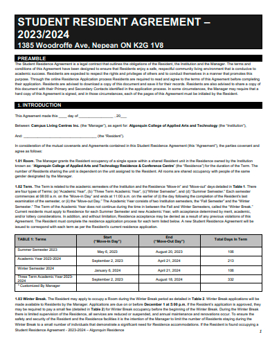 student resident agreement template