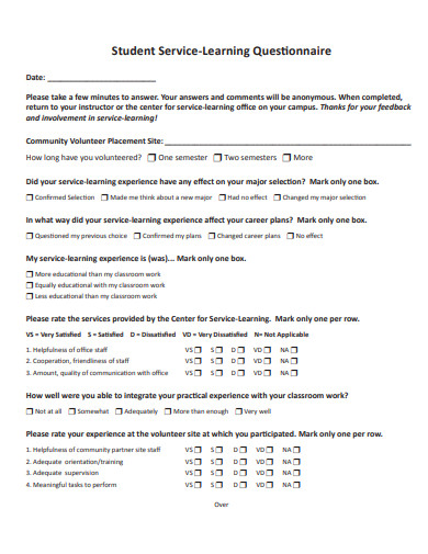 student service learning questionnaire template