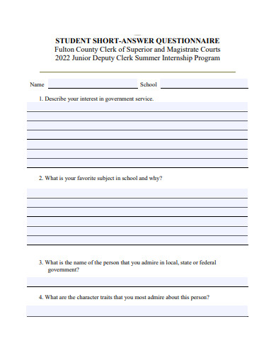 student short answer questionnaire template