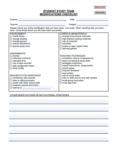 student study team modification checklist template