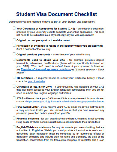 student visa document checklist template