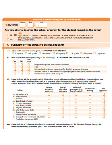 students school program questionnaire template