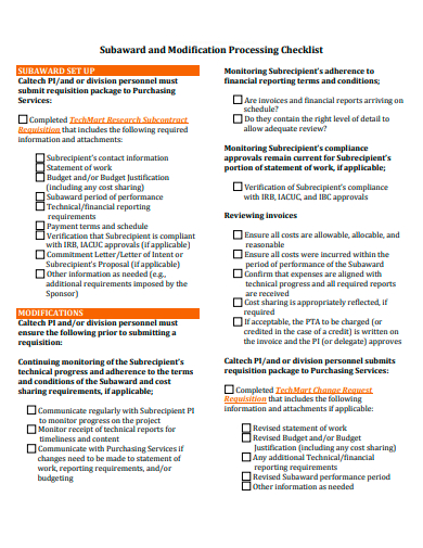 subaward and modification processing checklist template
