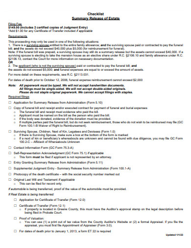 summary release of estate checklist template