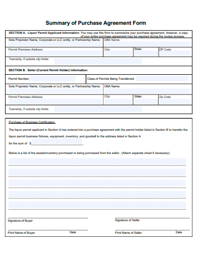 summary of purchase agreement form template