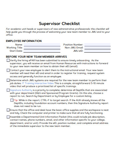 supervisor checklist template