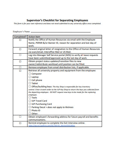 supervisors checklist for separating employees template