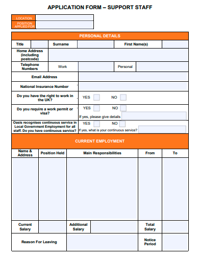 support staff application form template
