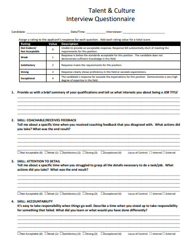 talent and culture interview questionnaire template