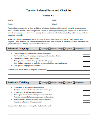 teacher referral form and checklist template