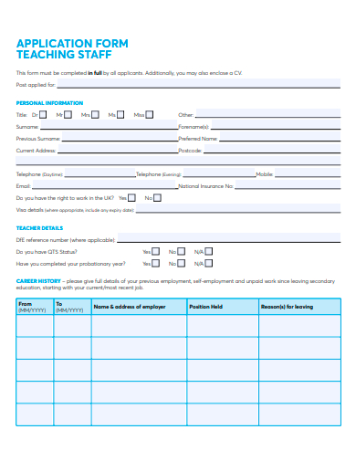 teaching staff application form template