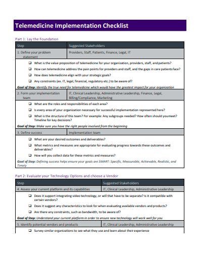 telemedicine implementation checklist template