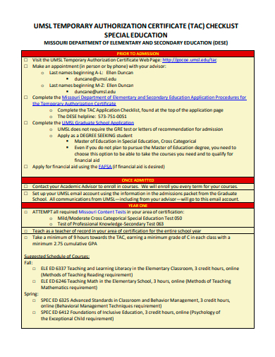 temporary authorization certificate checklist template