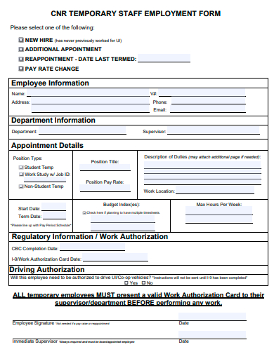 temporary staff employment form template
