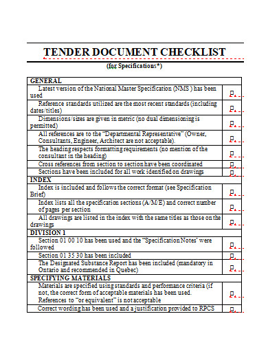 tender document checklist template