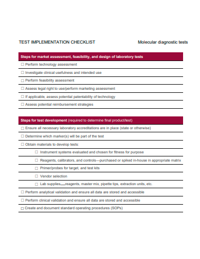 test implementation checklist template