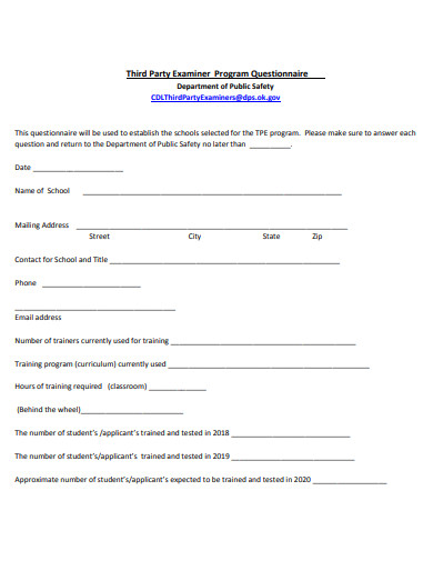 third party examiner program questionnaire template