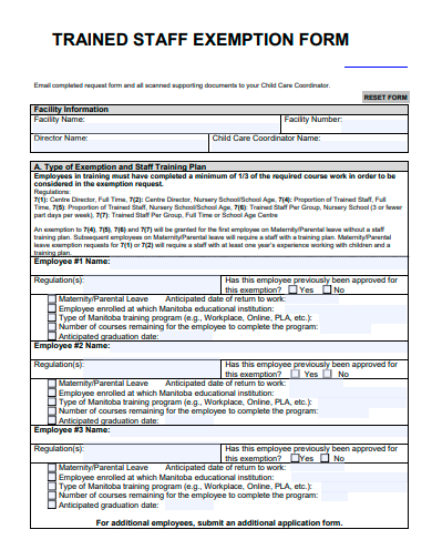 trained staff exemption form template