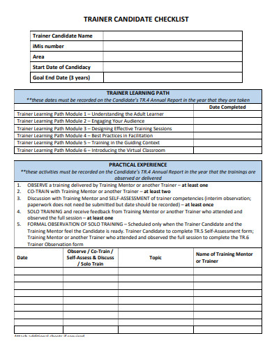 trainer candidate checklist template