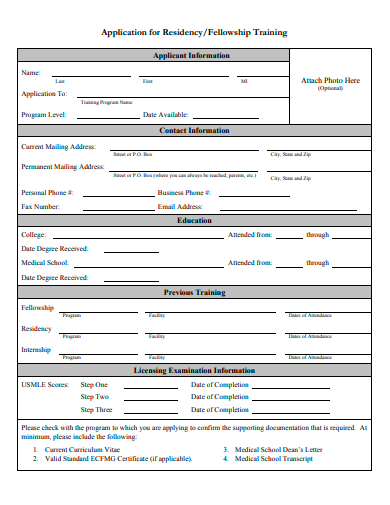 training application for residency template