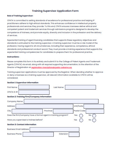 training supervisor application form template