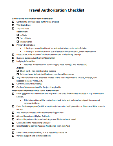 travel authorization checklist template