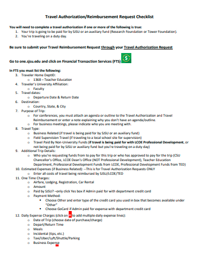 travel authorization reimbursement request checklist template