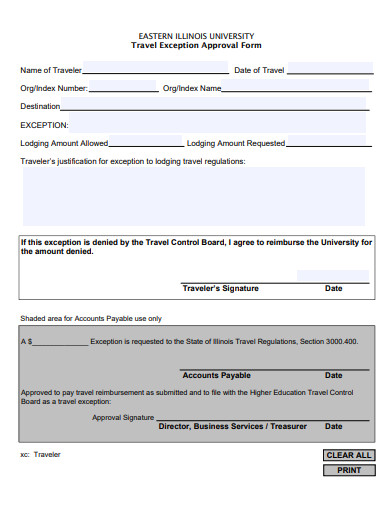 travel exception approval form template