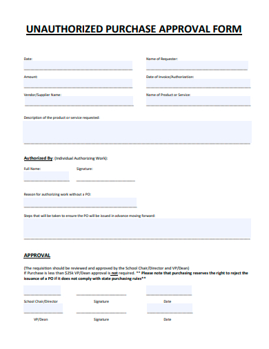 unauthorized purchase approval form template