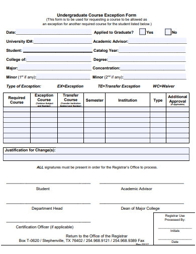 undergraduate course exception form template