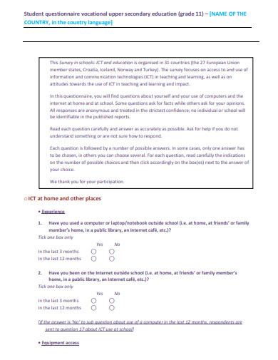 upper secondary education student questionnaire template