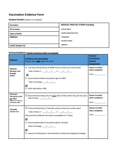 vaccination evidence form template