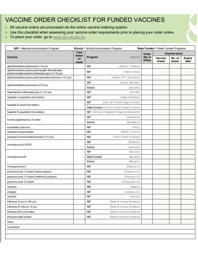 vaccine order checklist template